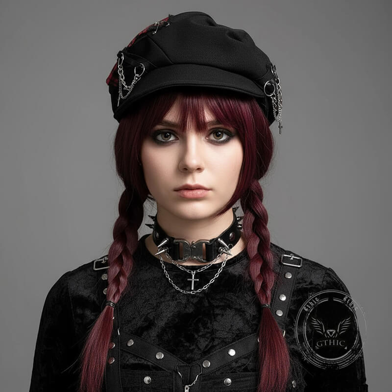 Y2K Punk Dark Plaid Cross Chain Beret – GTHIC