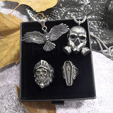 4-teiliges Totenkopf-Schmuckset mit Ringen und Anhängern