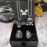 4-teiliges Totenkopf-Schmuckset mit Ringen und Anhängern