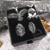 4-teiliges Totenkopf-Schmuckset mit Ringen und Anhängern
