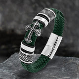 Budded Cross Stainless Steel Braided Leather Bracelet | Gthic.com