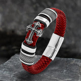 Budded Cross Stainless Steel Braided Leather Bracelet | Gthic.com