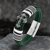 Budded Cross Stainless Steel Braided Leather Bracelet