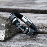 Budded Cross Stainless Steel Braided Leather Bracelet