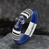 Budded Cross Stainless Steel Braided Leather Bracelet