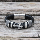 Budded Cross Stainless Steel Braided Leather Bracelet | Gthic.com