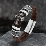 Budded Cross Stainless Steel Braided Leather Bracelet | Gthic.com