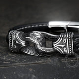 Carved Viking Stainless Steel Leather Bracelet | Gthic.com