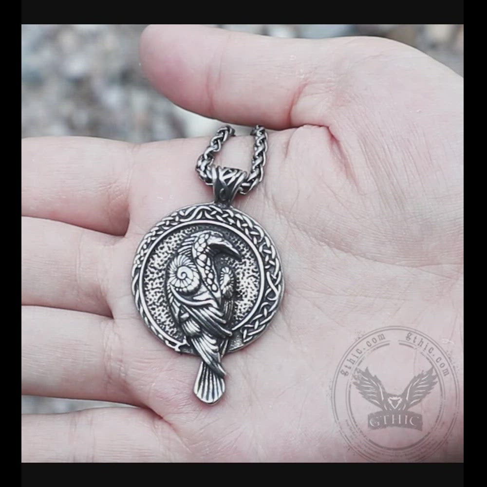thumbnail interactive-video image 1 of Celtic Hawk Necklace Stainless Steel Raven Falcon Pendant 1 of 12