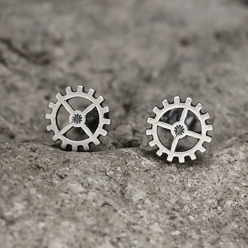 silver gear Gear Wheel Sterling Silver Punk Stud Earrings