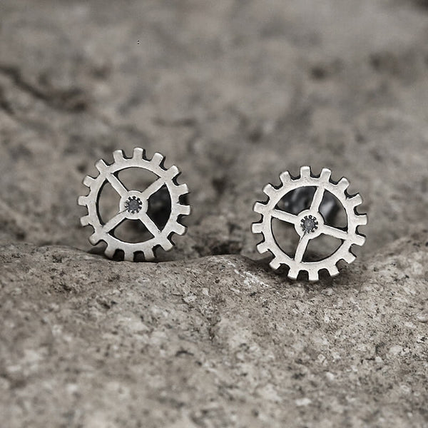 Gear Wheel Sterling Silver Punk Stud Earrings | Gthic.com