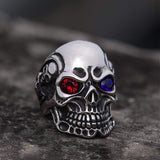 Ruby & Sapphire Eye Stainless Steel Skull Ring | Gthic.com