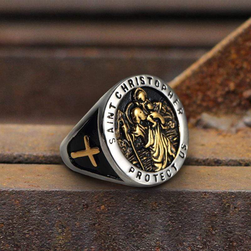Saint Christopher Protect US Stainless Steel Cross Ring, Silver/Gold