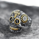 Vintage Cross Stainless Steel Sugar Skull Ring 01 | Gthic.com