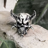 Horned Demon Skull Sterling Silver Ring 01 | Gthic.com