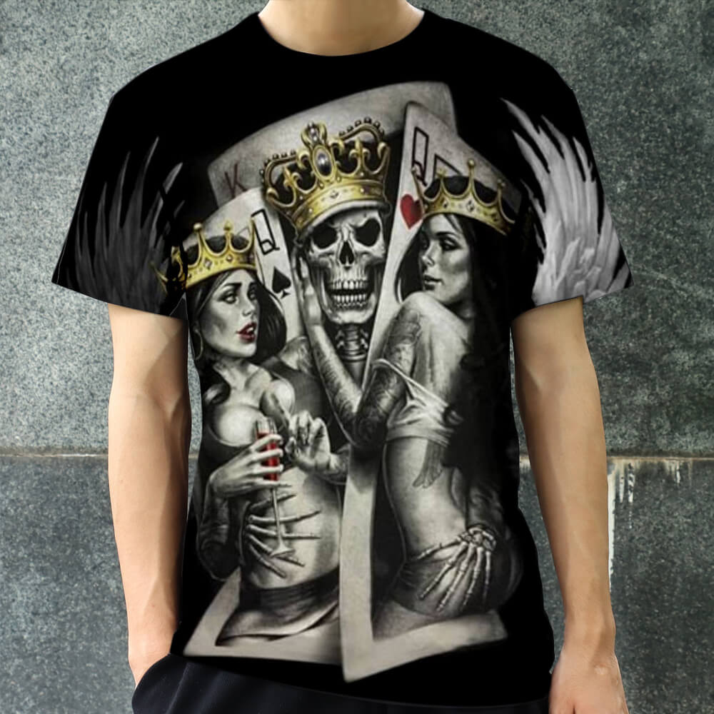 månedlige Monument protestantiske King and Queen Poker Polyester Skull T-shirt – GTHIC