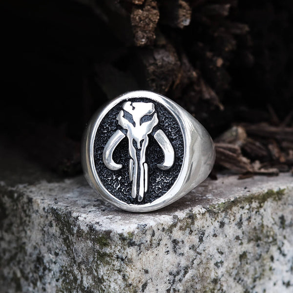 Mandalorian Symbol Stainless Steel Skull Ring 01 | Gthic.com