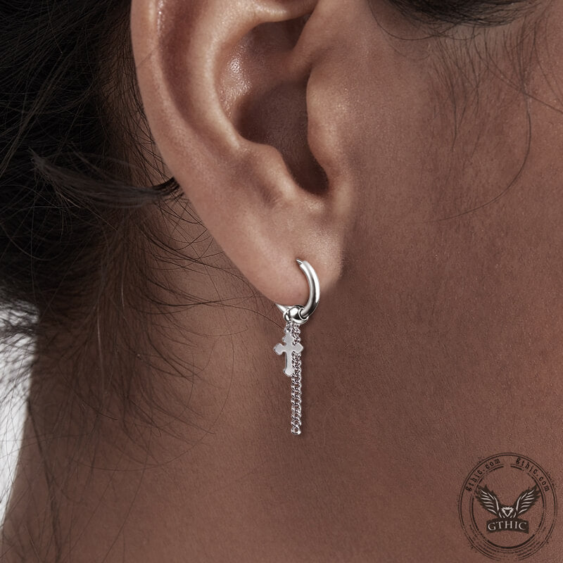 Sparkly Silver Ear Cuff Chain Cross Earrings With Long Chain 