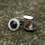 Minimalist Round Onyx Men's Suit Brass Cufflinks | Gthic.com
