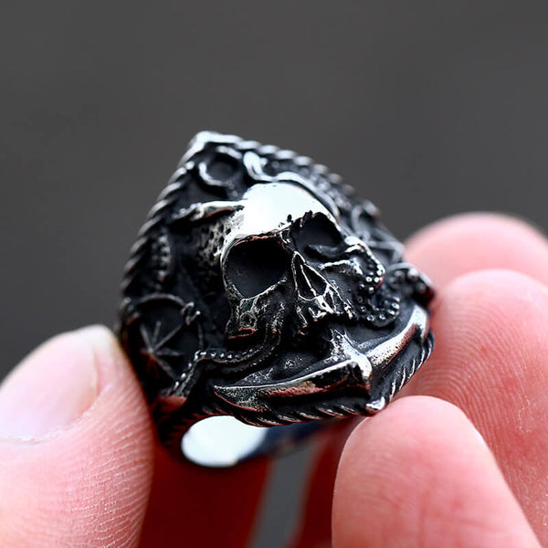 Pirate Anchor Stainless Steel Skull Ring | Gthic.com