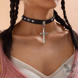 Punk Rivet Cross Pu Leather Choker Necklace