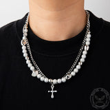Simple Pearl Cross Stainless Steel Double Layer Necklace | Gthic.com
