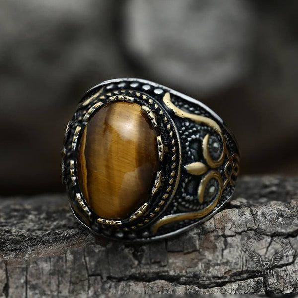 Vintage Pattern Turquoise Tiger-Eye Stainless Steel Ring 01 | Gthic.com