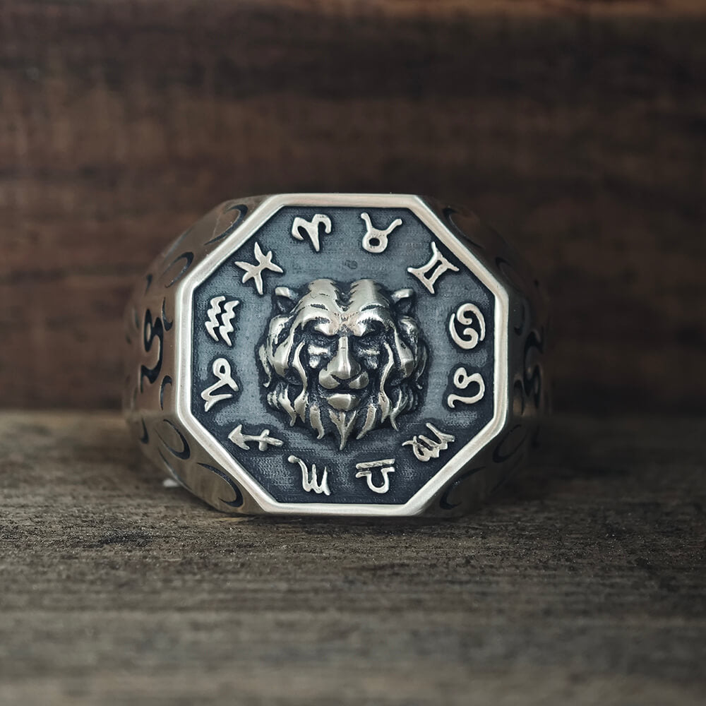 Anello teschio in argento sterling con segno zodiacale 12 costellazioni