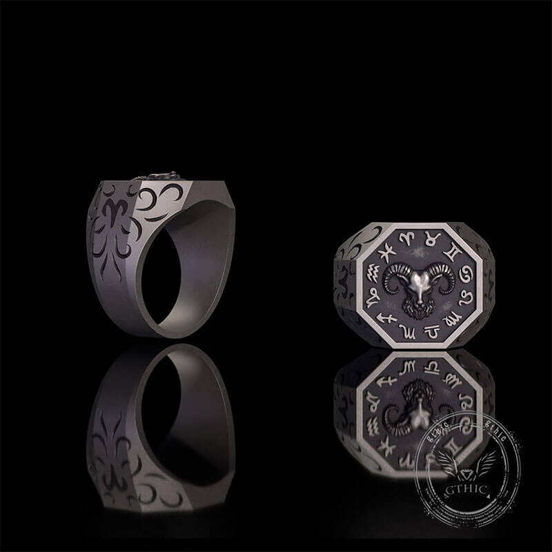 12 Constellations Zodiac Sterling Silver Octagonal Ring | Gthic.com