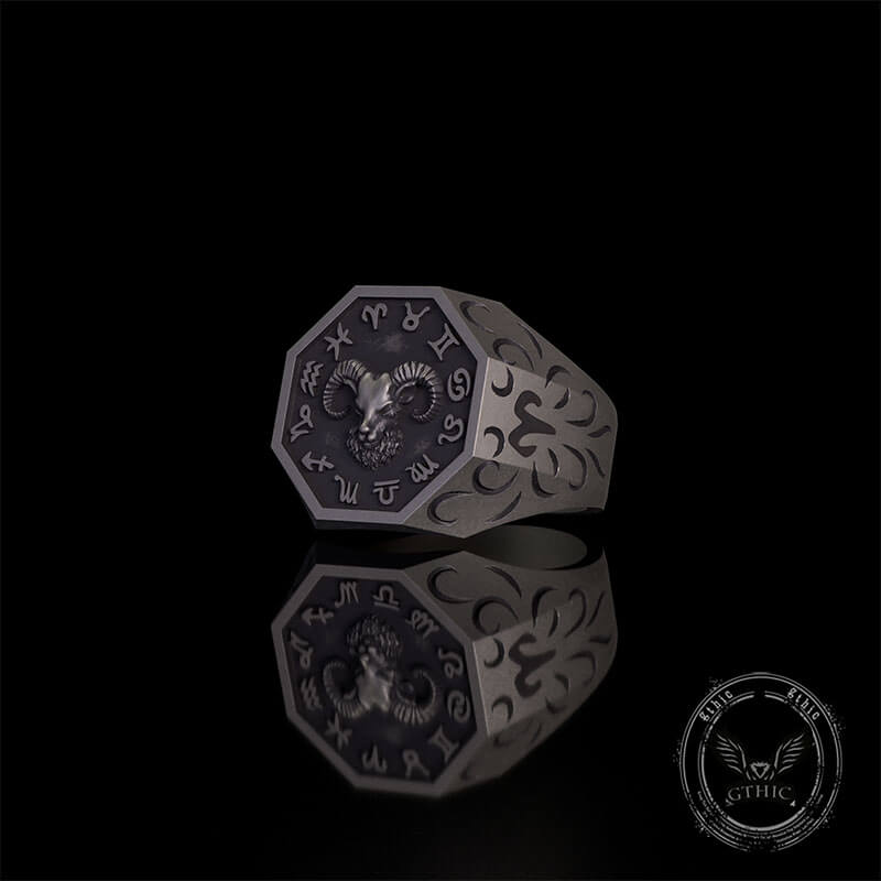 12 Constellations Zodiac Sterling Silver Octagonal Ring | Gthic.com