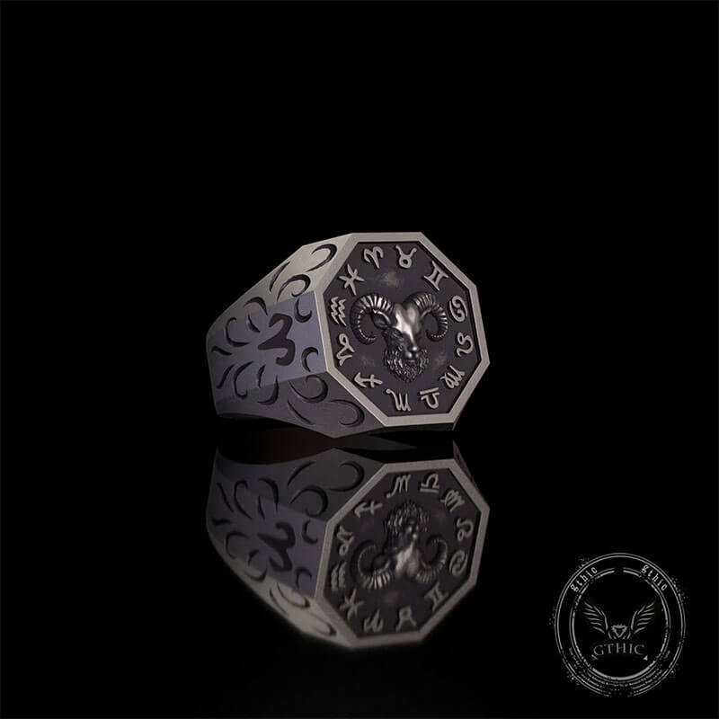 12 Constellations Zodiac Sterling Silver Octagonal Ring | Gthic.com