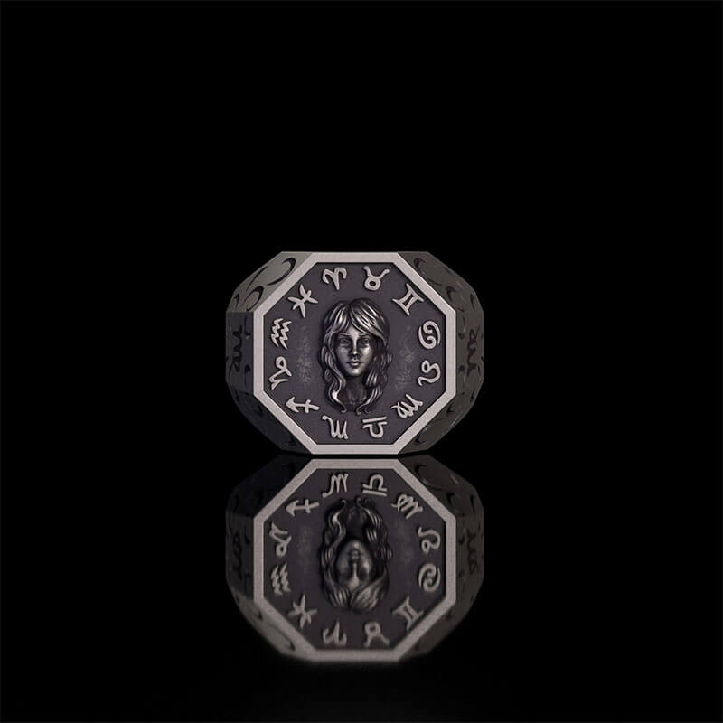 12 Constellations Zodiac Sterling Silver Octagonal Ring | Gthic.com