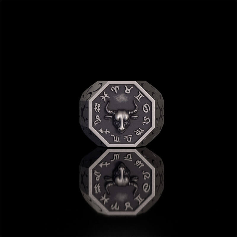 12 Constellations Zodiac Sterling Silver Octagonal Ring | Gthic.com
