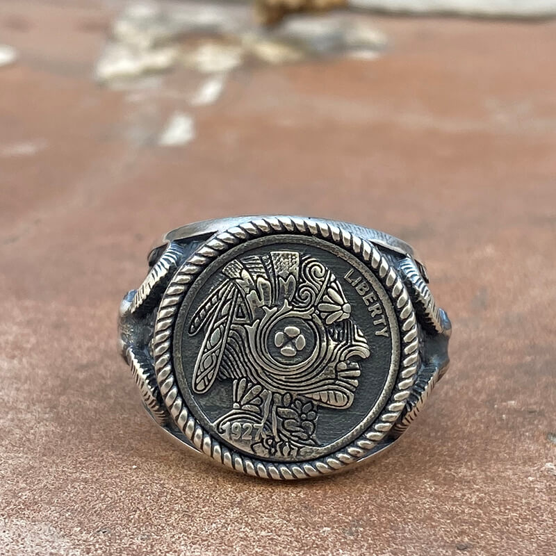 1927 Chief Head Hobo Nickel Sterling Silver Ring | Gthic.com