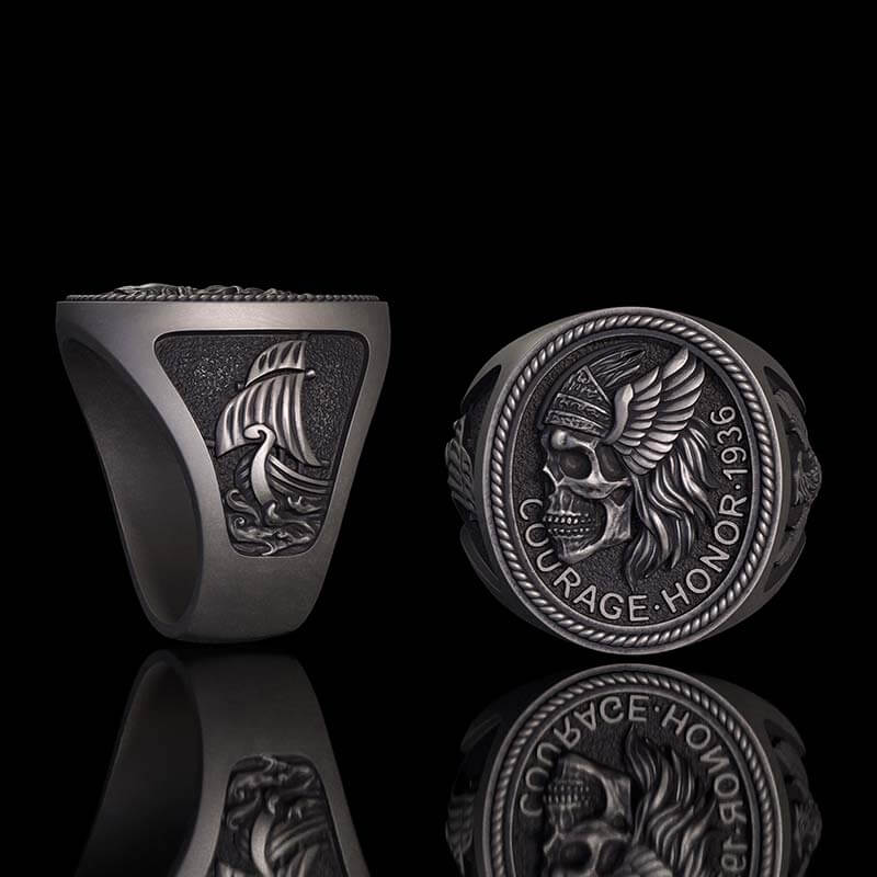 1936 Pirate Skull Sailboat Eagle Sterling Silver Ring 01 | Gthic.com