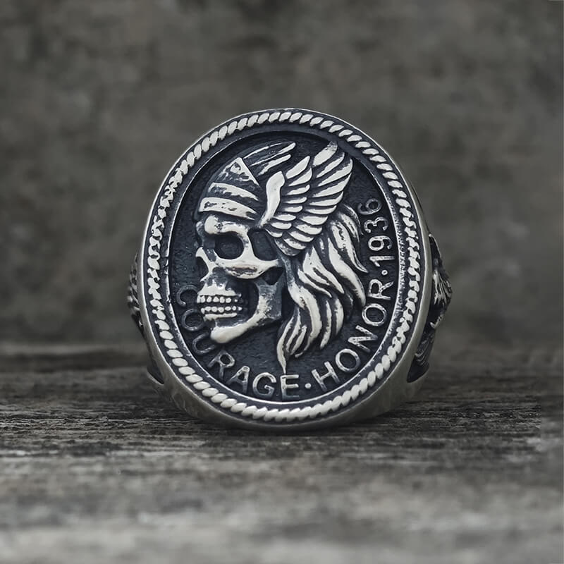 1936 Pirate Skull Sailboat Eagle Sterling Silver Ring | Gthic.com