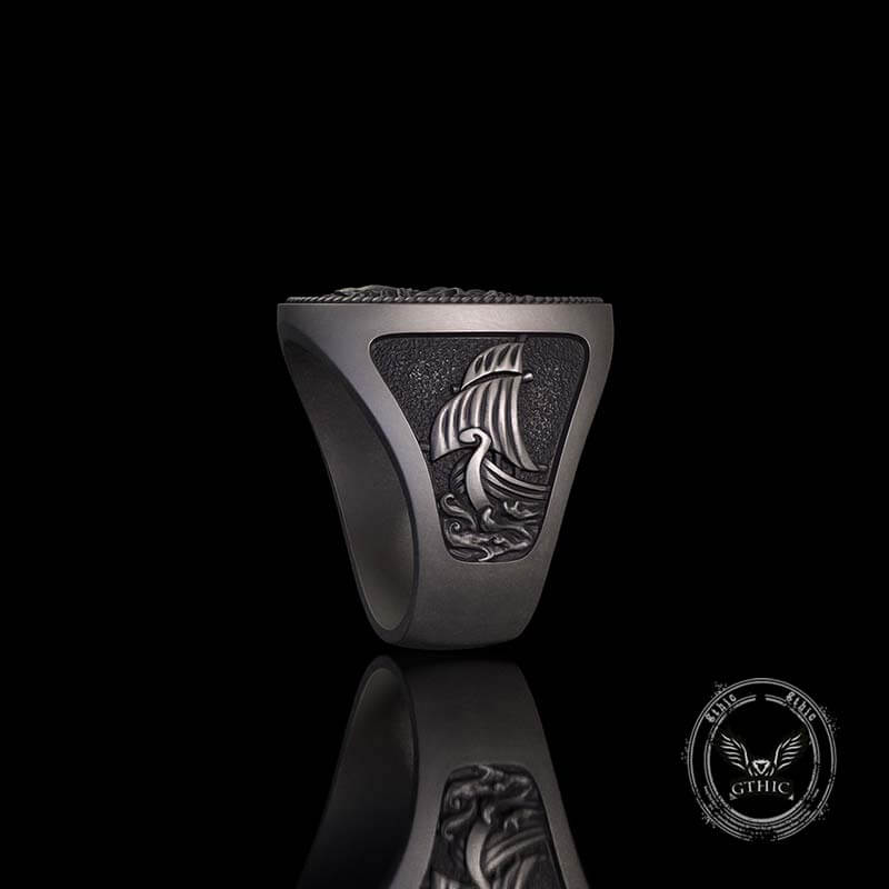 1936 Pirate Skull Sailboat Eagle Sterling Silver Ring 03 | Gthic.com