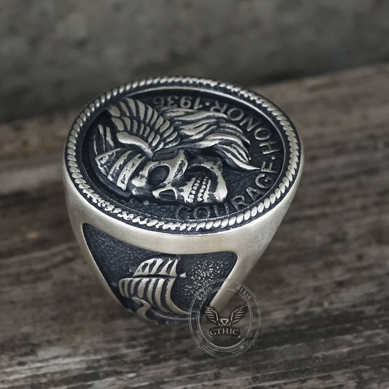1936 Pirate Skull Sailboat Eagle Sterling Silver Ring | Gthic.com
