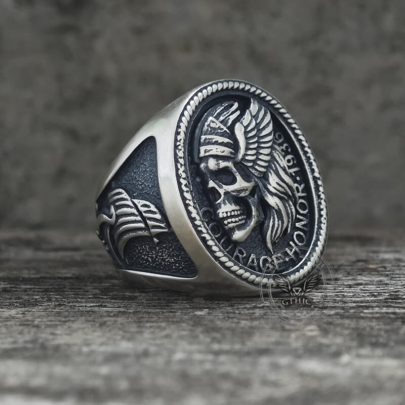 1936 Pirate Skull Sailboat Eagle Sterling Silver Ring | Gthic.com