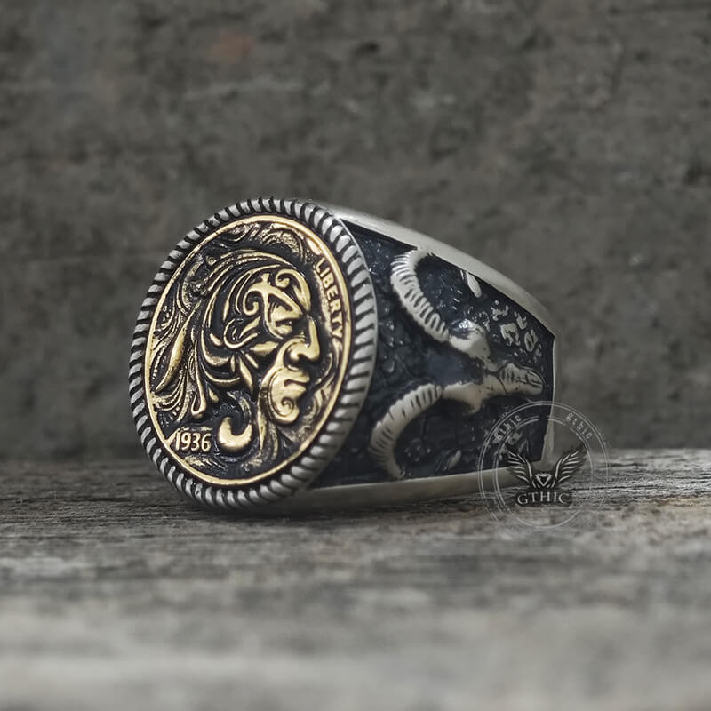 1936 Wild Man Sterling Silver Hobo Nickel Ring