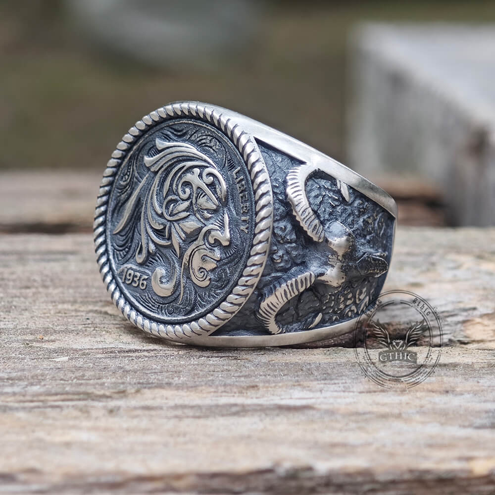 1936 Wild Man Sterling Silver Hobo Nickel Ring