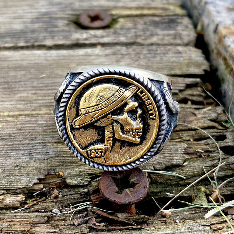 1937 Hobo Nickel Coin Sterling Silver Skull Ring | Gthic.com