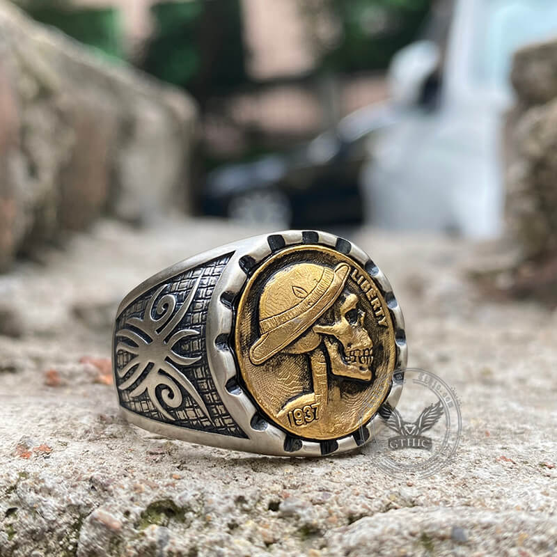 1937 Hobo Nickel Coin Anello teschio in argento sterling