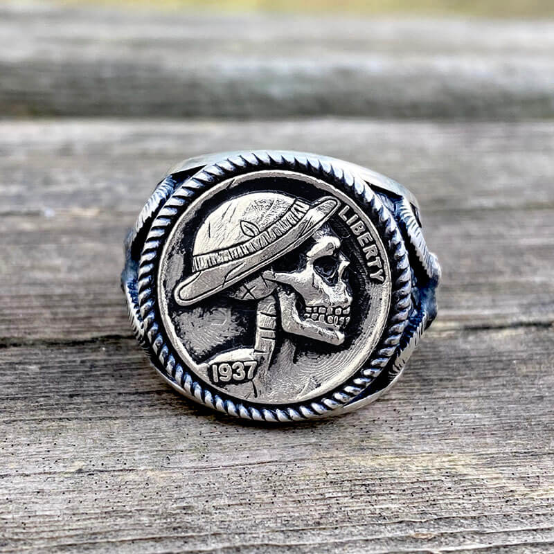 1937 Hobo Nickel Coin Sterling Silver Skull Ring | Gthic.com