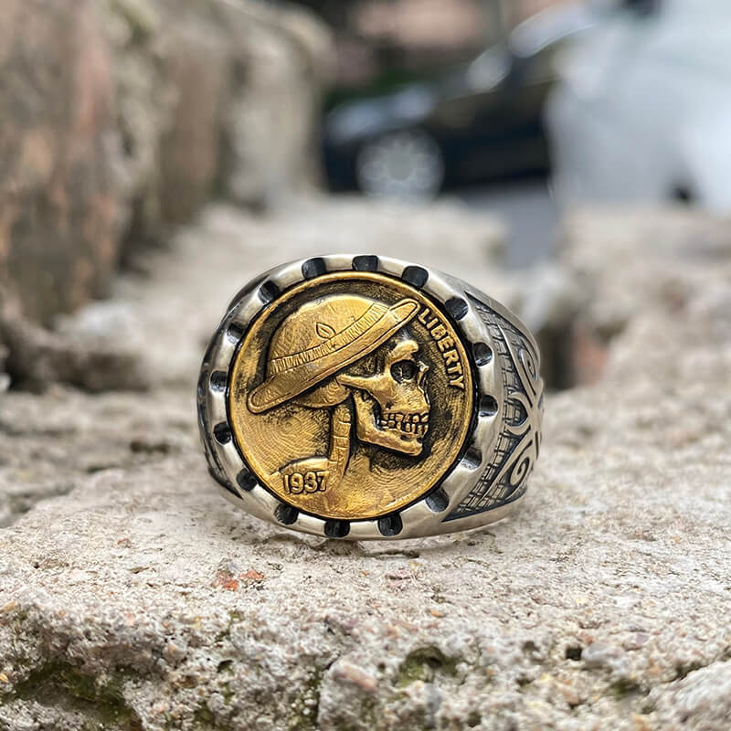 1937 Hobo Nickel Coin Sterling Silver Skull Ring | Gthic.com