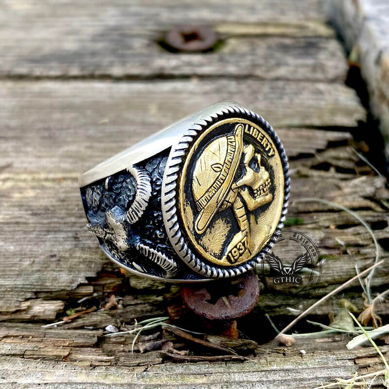 1937 Hobo Nickel Coin Sterling Silver Skull Ring | Gthic.com
