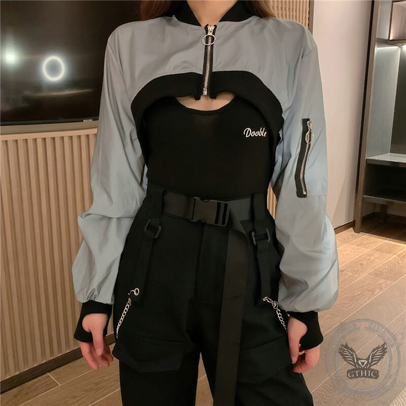 3-Piece Reflective Cropped Jacket Outfit | Gthic.com