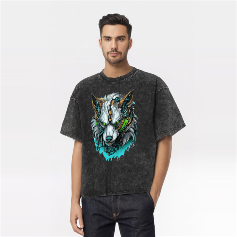 Vintage Washed Mechwarrior Wolf Print T-shirt