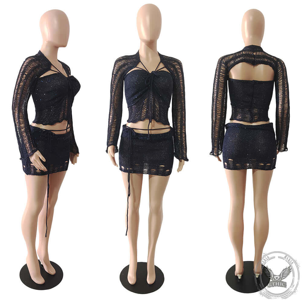 3 Pcs Crochet Knit Sequin Dress Set | Gthic.com