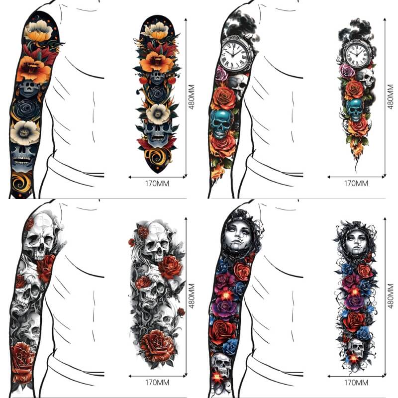 4 Pcs Skull And Flower Full Arm Temporary Tattoo Stickers 01 | Gthic.com